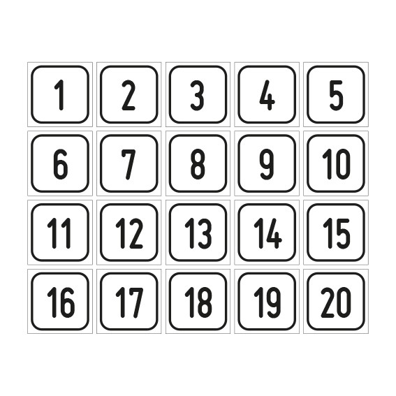 Aufkleber Zahlen-Set 1-20 · viereckig - schwarz / weiß