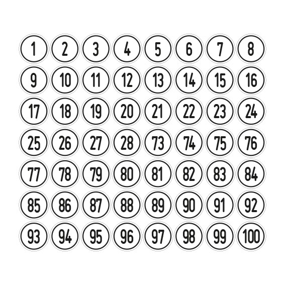 Schilder Zahlen-Set 1-100 · rund · schwarz / weiß