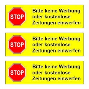 Briefkasten Aufkleber "STOP, bitte keine Werbung oder kostenlose Zeitungen einwerfen" TYP 102 | eckig · gelb