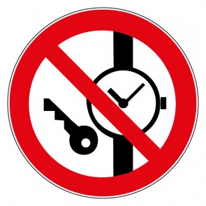 Verbotszeichen Mitführen von Metallteilen oder Uhren verboten · MAGNETSCHILD