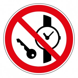 Verbotsschild Mitführen von Metallteilen oder Uhren verboten · ISO_7010_P008 · selbstklebend