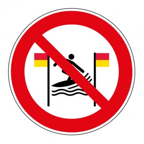 Verbotsschild Surfen zwischen den rot-gelben Flaggen verboten · ISO_7010_P064 · selbstklebend