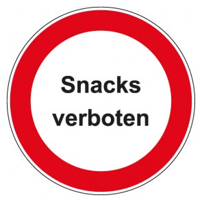Schild Verbotszeichen rund mit Text · Snacks verboten · selbstklebend