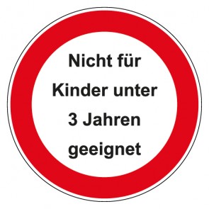 Schild Verbotszeichen rund mit Text · Nicht für Kinder unter 3 Jahren geeignet · selbstklebend