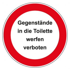 Aufkleber Verbotszeichen rund mit Text Gegenstände in die Toilette werfen verboten