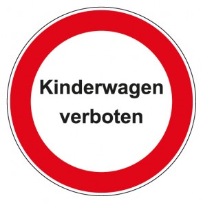 Schild Verbotszeichen rund mit Text Kinderwagen verboten