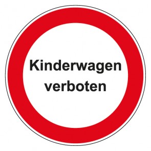 Schild Verbotszeichen rund mit Text · Kinderwagen verboten · selbstklebend