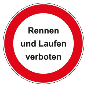 Schild Verbotszeichen rund mit Text · Rennen Laufen verboten · selbstklebend