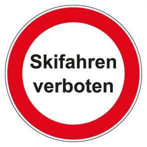 Aufkleber Verbotszeichen rund mit Text Skifahren verboten