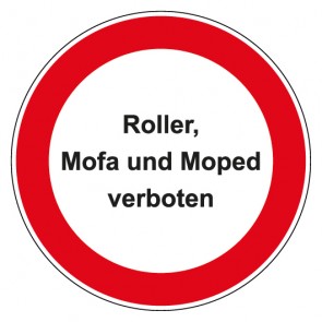Schild Verbotszeichen rund mit Text · Roller Mofa Moped verboten · selbstklebend