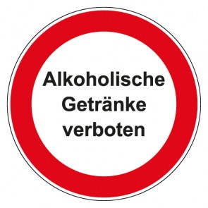 Schild Verbotszeichen rund mit Text · Alkoholische Getränke verboten · selbstklebend
