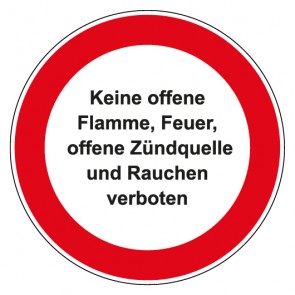 Schild Verbotszeichen rund mit Text · Keine offene Flamme, Feuer, offene Zündquelle und Rauchen verboten · selbstklebend