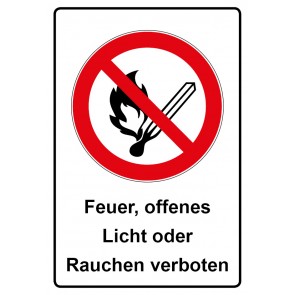 Aufkleber Verbotszeichen rechteckig mit Text Feuer offenes Licht oder Rauchen verboten | stark haftend