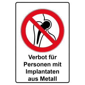 Schild Verbotszeichen Piktogramm & Text deutsch · Verbot für Personen mit Implantaten aus Metall | selbstklebend (Verbotsschild)