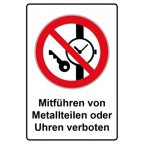 Aufkleber Verbotszeichen Piktogramm & Text deutsch · Mitführen von Metallteilen oder Uhren verboten | stark haftend (Verbotsaufkleber)
