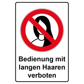 Schild Verbotszeichen Piktogramm & Text deutsch · Bedienung mit langen Haaren verboten | selbstklebend (Verbotsschild)