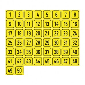 Schilder Zahlen-Set "1-50" · viereckig - schwarz / gelb | selbstklebend
