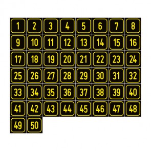 Schilder Zahlen-Set "1-50" · viereckig - gelb / schwarz | selbstklebend