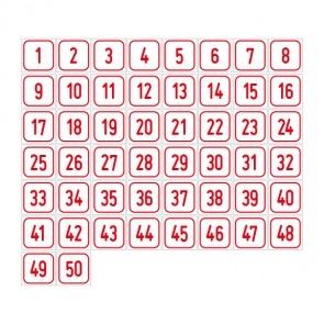 Schilder Zahlen-Set "1-50" · viereckig - rot / weiß | selbstklebend