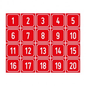 Schilder Zahlen-Set "1-20" · viereckig - weiß / rot | selbstklebend