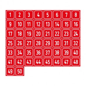 Schilder Zahlen-Set "1-50" · viereckig - weiß / rot | selbstklebend
