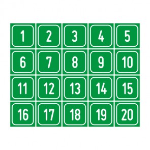 Schilder Zahlen-Set "1-20" · viereckig - weiß / grün | selbstklebend