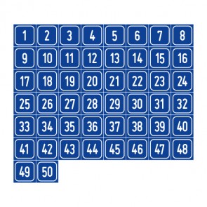 Aufkleber Zahlen-Set "1-50" · viereckig - weiß / blau