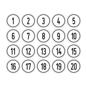 Aufkleber Zahlen-Set "1-20" · rund · schwarz / weiß | stark haftend
