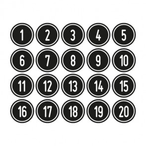 Schilder Zahlen-Set "1-20" · rund · weiß / schwarz