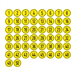 Schilder Zahlen-Set "1-50" · rund · schwarz / gelb | selbstklebend