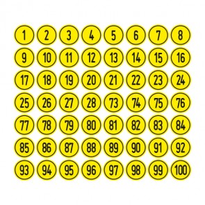 Schilder Zahlen-Set "1-100" · rund · schwarz / gelb | selbstklebend