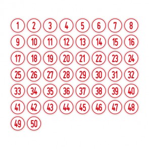 Schilder Zahlen-Set "1-50" · rund · rot / weiß | selbstklebend