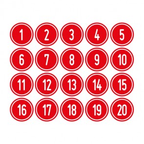 Schilder Zahlen-Set "1-20" · rund · weiß / rot | selbstklebend