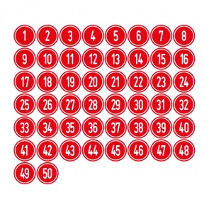 MAGNETSCHILD Zahlen-Set "1-50" · rund · weiß / rot