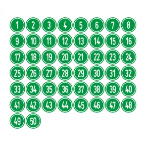 Schilder Zahlen-Set "1-50" · rund · weiß / grün | selbstklebend