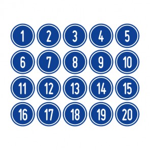 Schilder Zahlen-Set "1-20" · rund · weiß / blau | selbstklebend