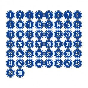 Aufkleber Zahlen-Set "1-50" · rund · weiß / blau | stark haftend