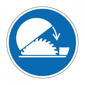Schild Gebotszeichen Schutzhaube der Tischkreissäge benutzen · ISO_7010_M031 · selbstklebend