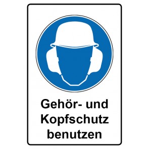 Schild Gebotszeichen Piktogramm & Text deutsch · Gehör- und Kopfschutz benutzen (Gebotsschild)