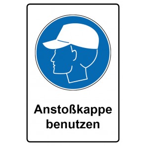 Schild Gebotszeichen Piktogramm & Text deutsch · Anstoßkappe benutzen (Gebotsschild)
