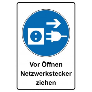 Schild Gebotszeichen Piktogramm & Text deutsch · Vor Öffnen Netzwerkstecker ziehen (Gebotsschild)