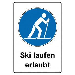 Aufkleber Gebotszeichen Piktogramm & Text deutsch · Ski laufen erlaubt (Gebotsaufkleber)