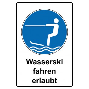 Schild Gebotszeichen Piktogramm & Text deutsch · Wasserski fahren erlaubt