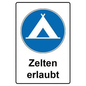 Schild Gebotszeichen Piktogramm & Text deutsch · Zelten erlaubt (Gebotsschild)