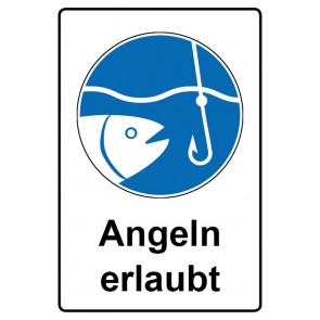 Schild Gebotzeichen Piktogramm & Text deutsch · Angeln erlaubt | selbstklebend