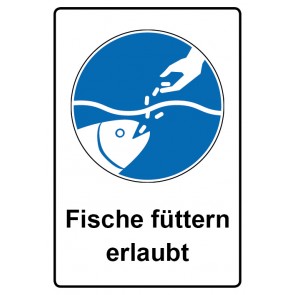 Schild Gebotszeichen Piktogramm & Text deutsch · Fische füttern erlaubt