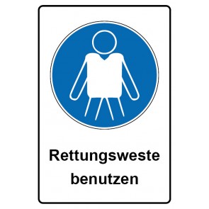 Schild Gebotszeichen Piktogramm & Text deutsch · Rettungsweste benutzen