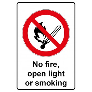 Schild Verbotszeichen Piktogramm & Text englisch · No fire, open light or smoking (Verbotsschild)
