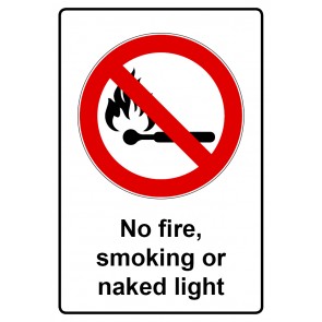 Schild Verbotszeichen Piktogramm & Text englisch · No fire, smoking or naked light (Verbotsschild)