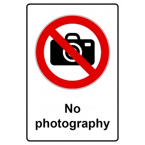 Schild Verbotszeichen Piktogramm & Text englisch · No photography (Verbotsschild)